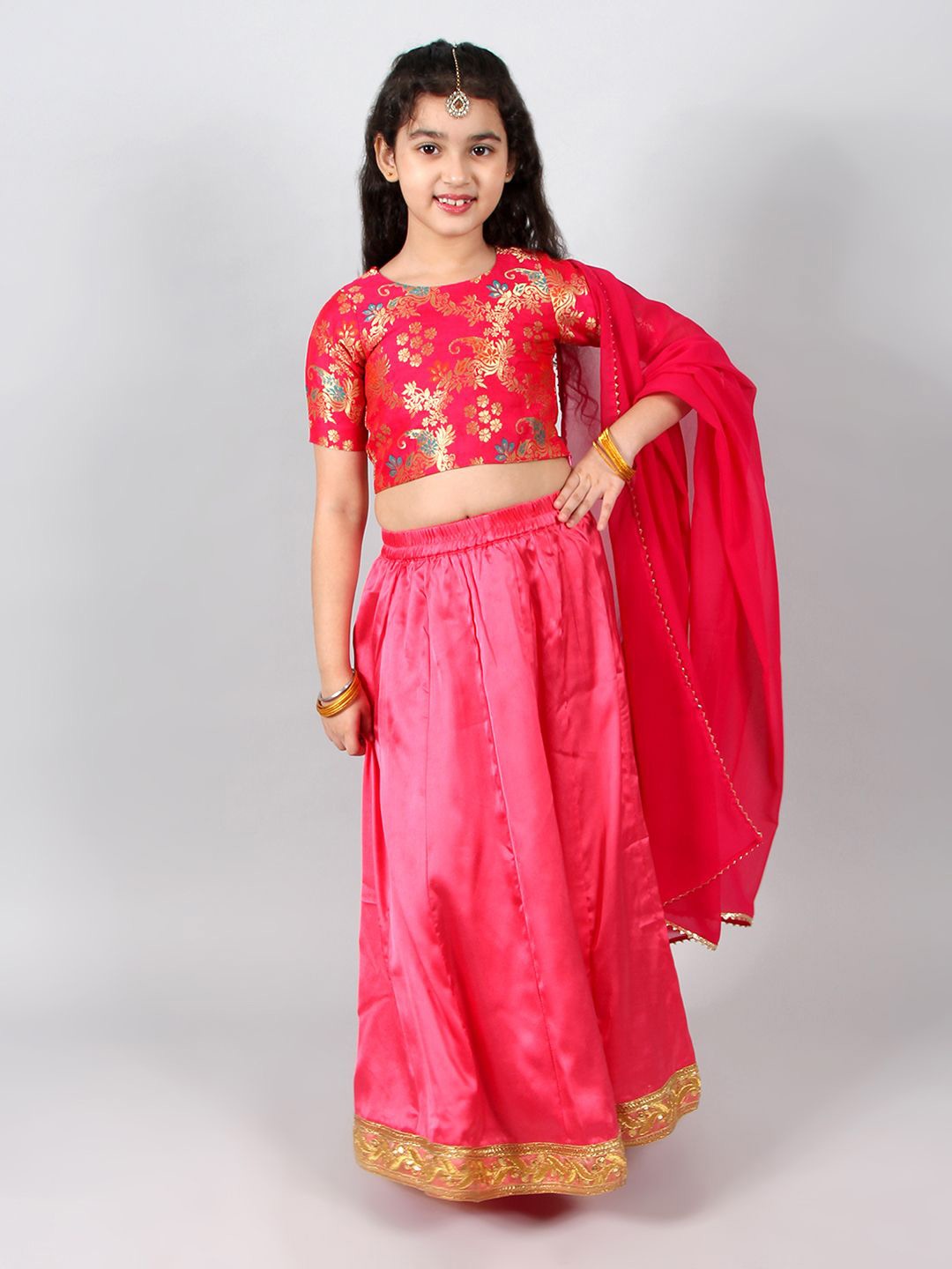 

INCLUD Girls Woven Design Zari Ready to Wear Lehenga & Blouse With Dupatta, Fuchsia
