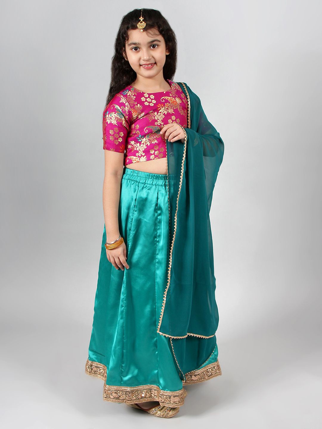 

INCLUD Girls Woven Design Zari Satin Ready to Wear Lehenga & Blouse With Dupatta, Fuchsia