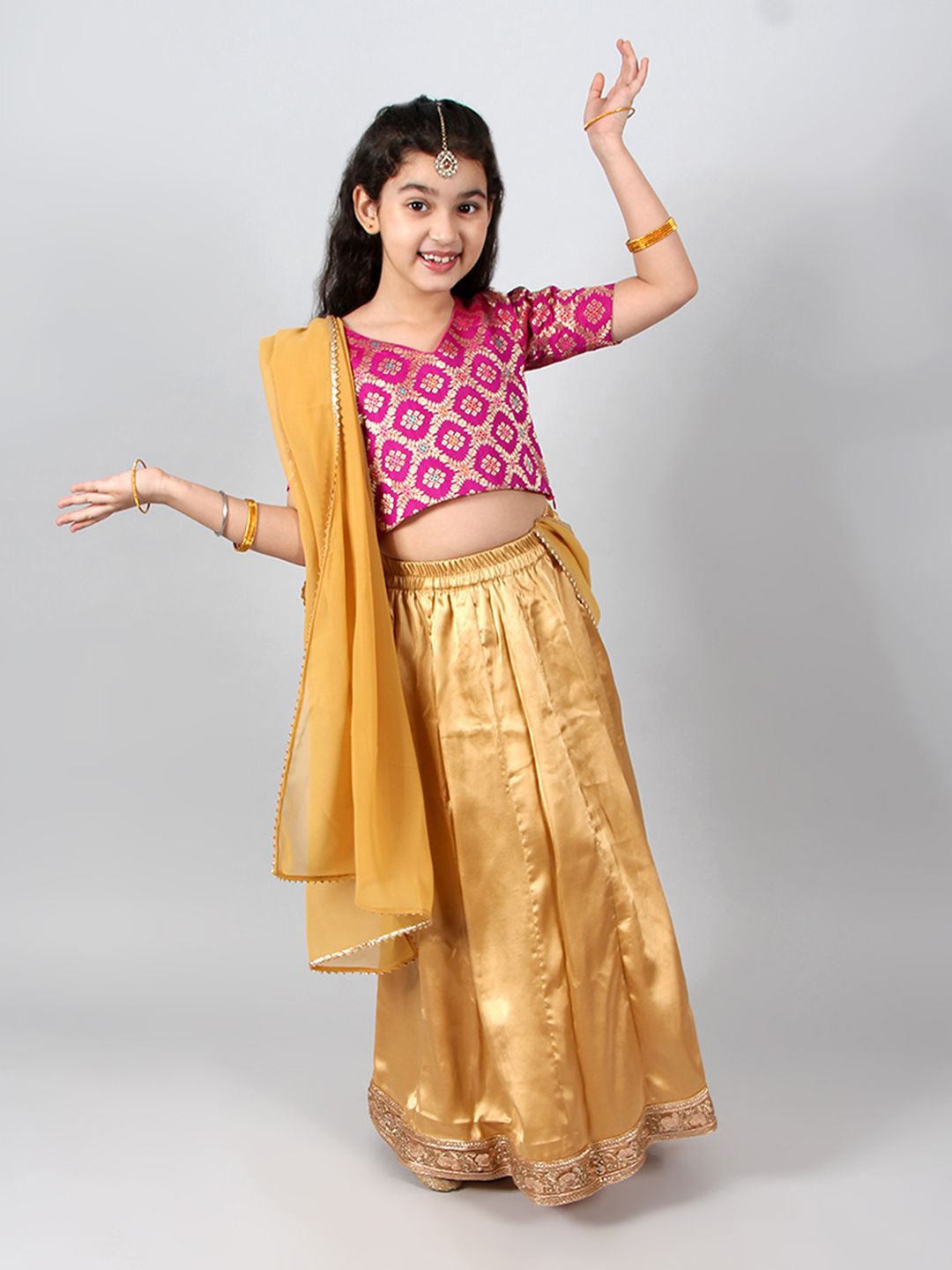 

INCLUD Girls Woven Design Zari Satin Ready to Wear Lehenga & Blouse With Dupatta, Fuchsia