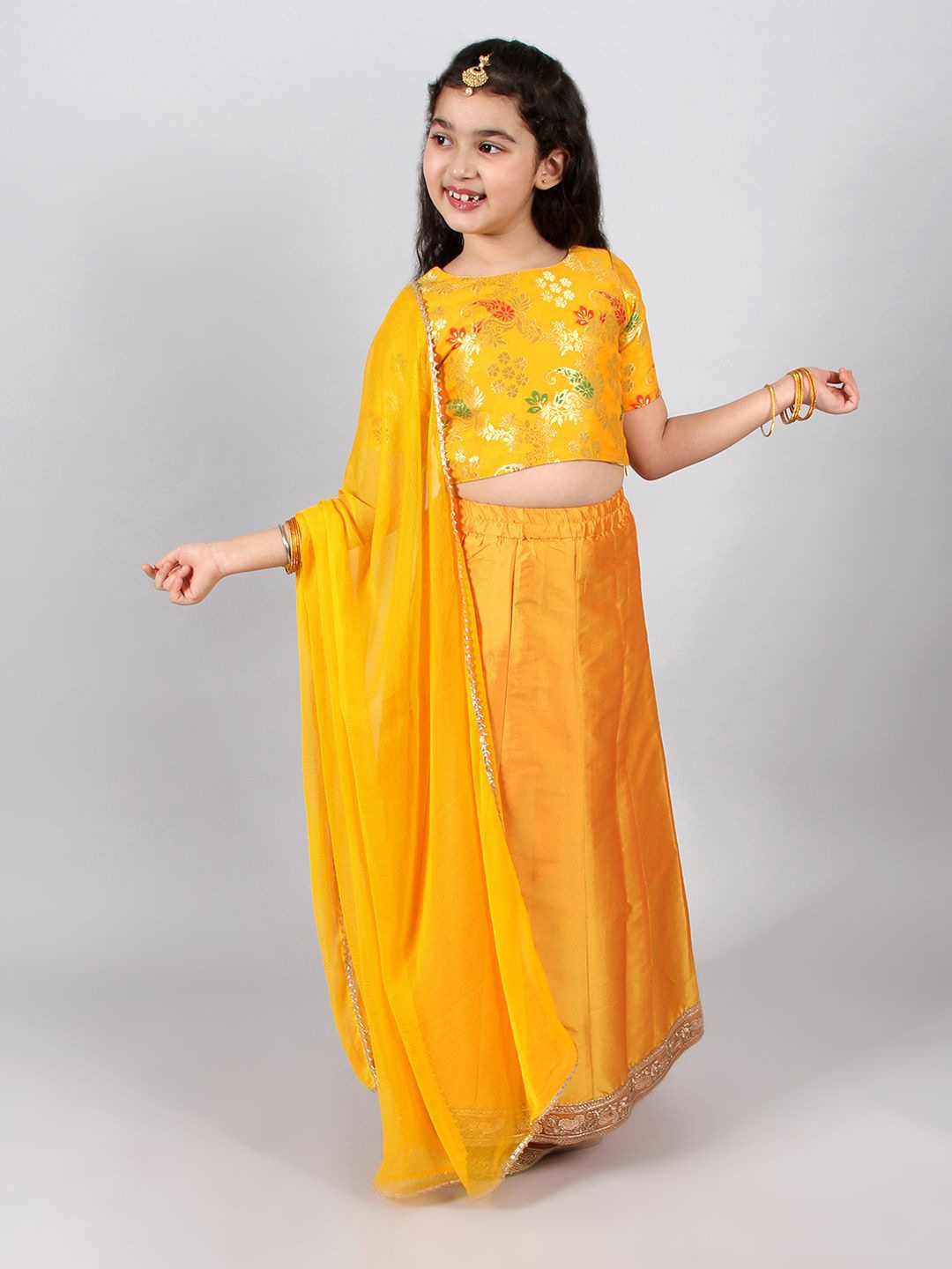 

INCLUD Girls Woven Design Zari Satin Ready to Wear Lehenga & Blouse With Dupatta, Yellow