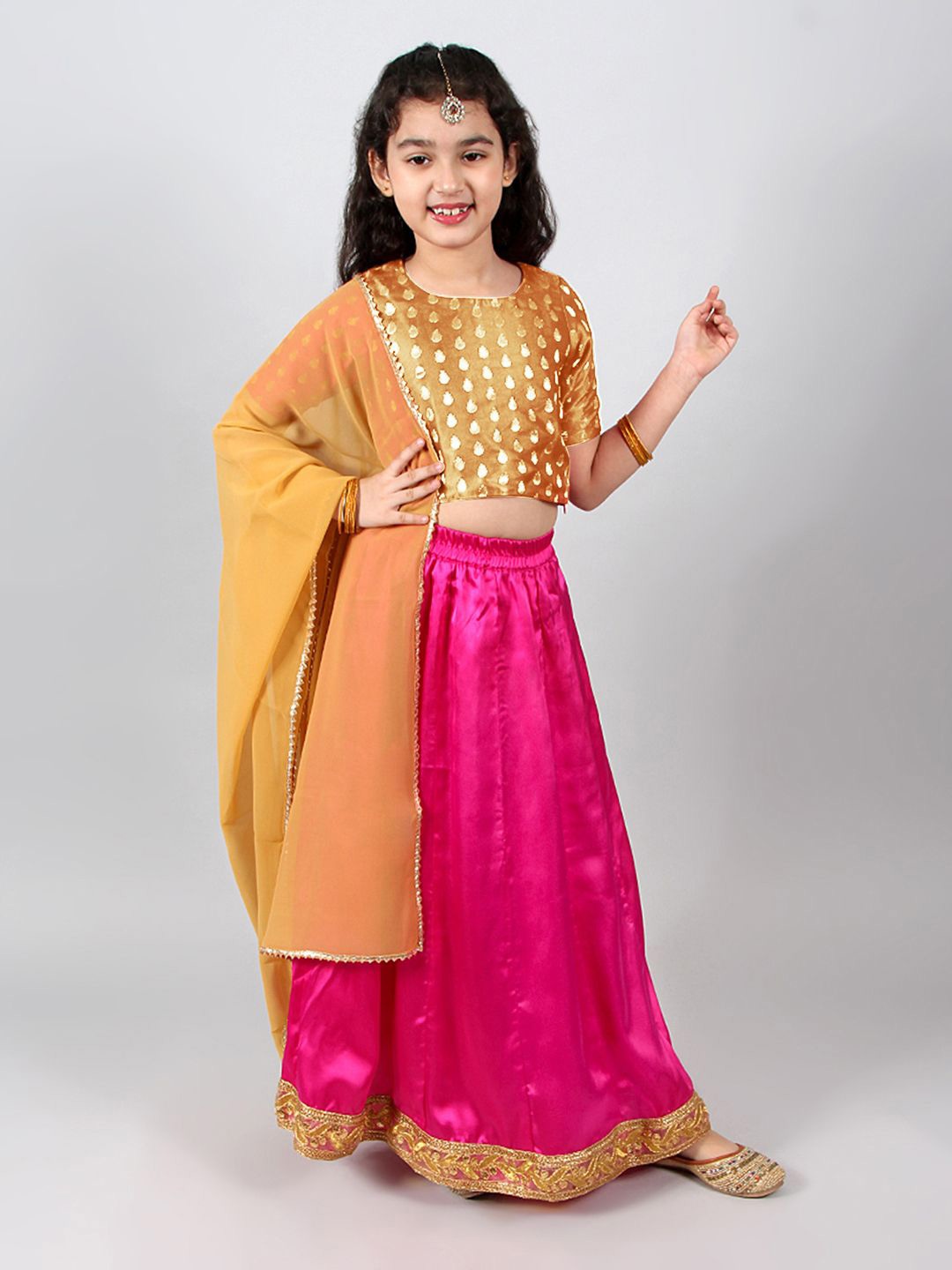 

INCLUD Girls Woven Design Zari Satin Ready to Wear Lehenga & Blouse With Dupatta, Gold