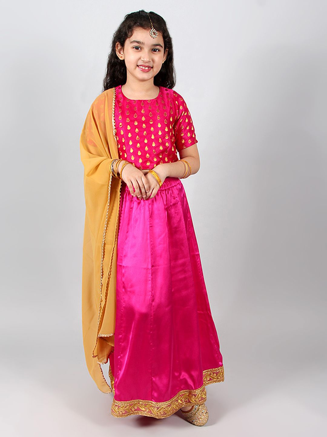 

INCLUD Girls Woven Design Zari Satin Ready to Wear Lehenga & Blouse With Dupatta, Fuchsia