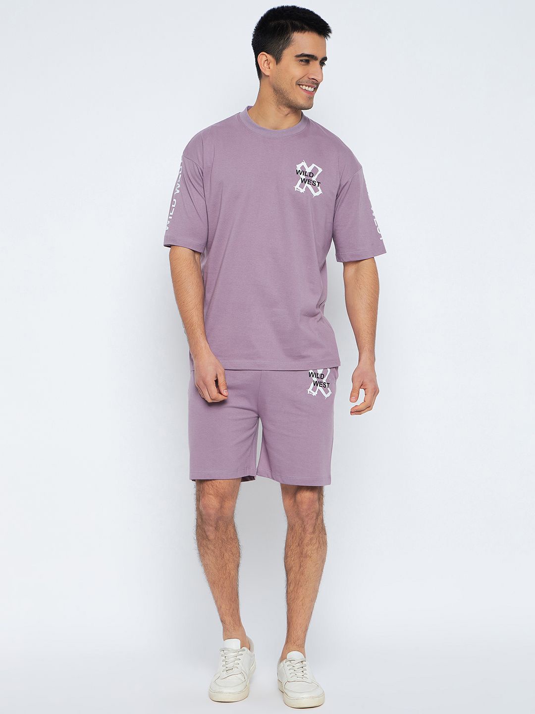 WILD WEST Typography Printed Oversized T-shirt With Shorts, Purple