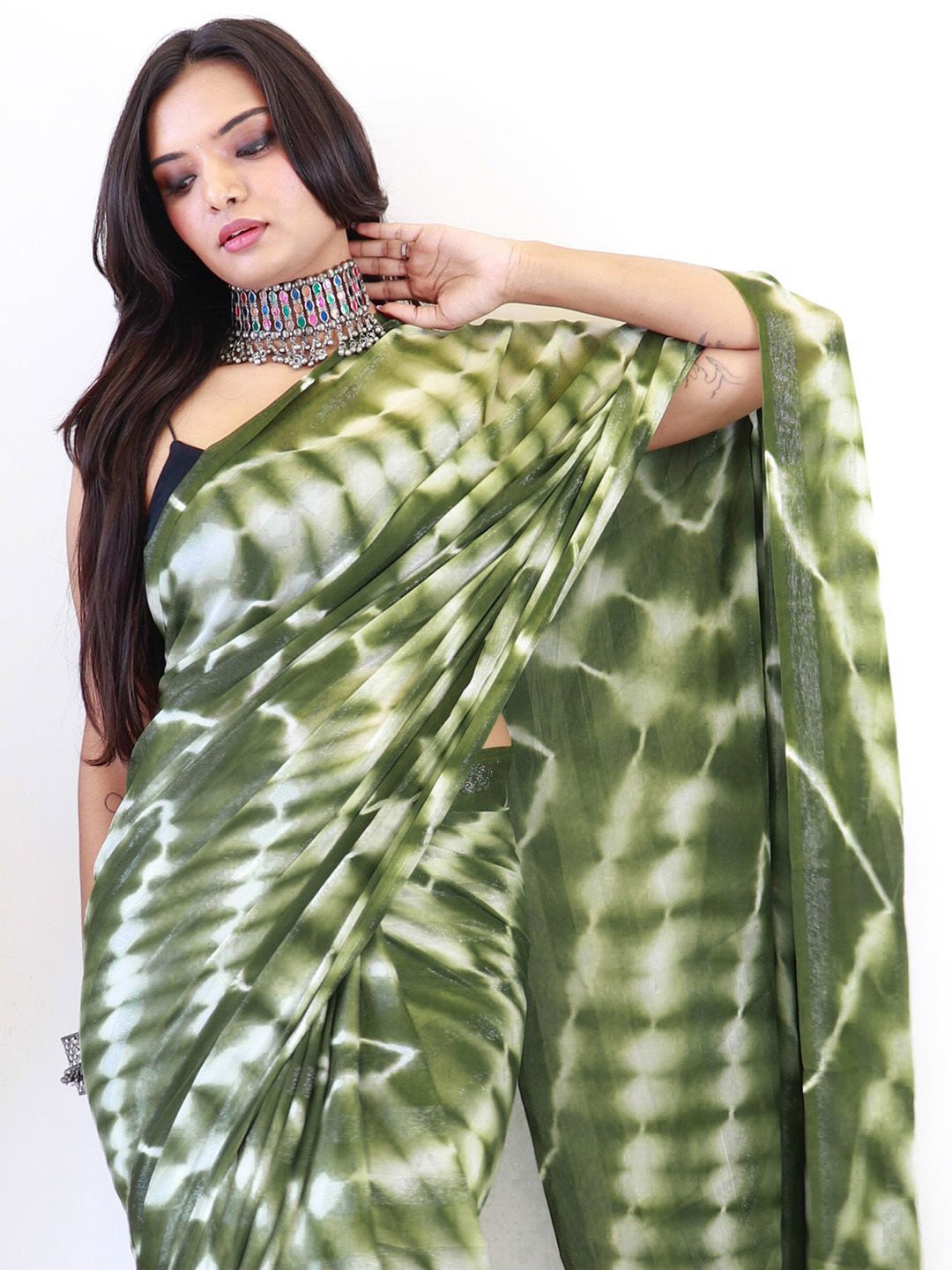 

KALINI Ready To Wear Tie and Dye Poly Georgette Saree, Olive