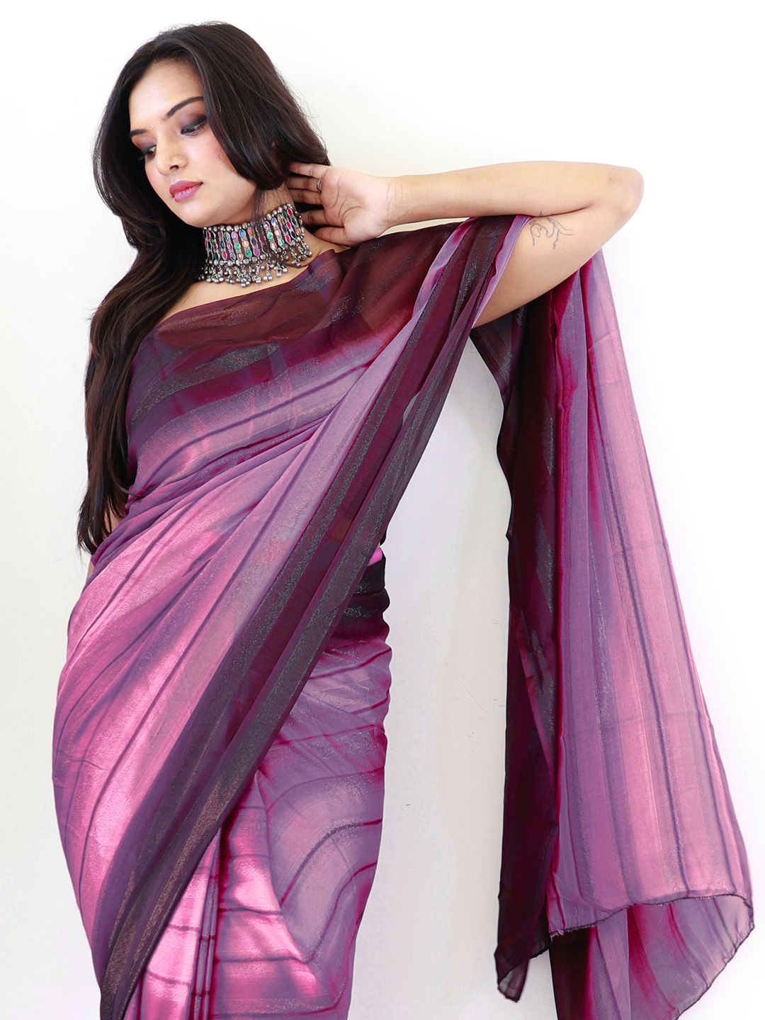 

KALINI Ready to wear Striped Poly Georgette Saree, Magenta