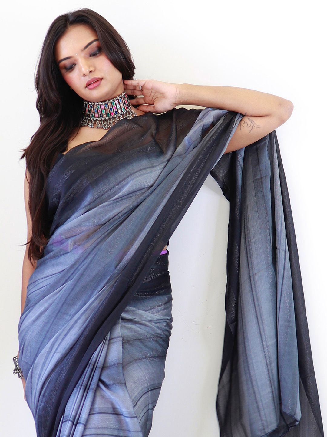 

KALINI Ready to wear Striped Poly Georgette Saree, Grey