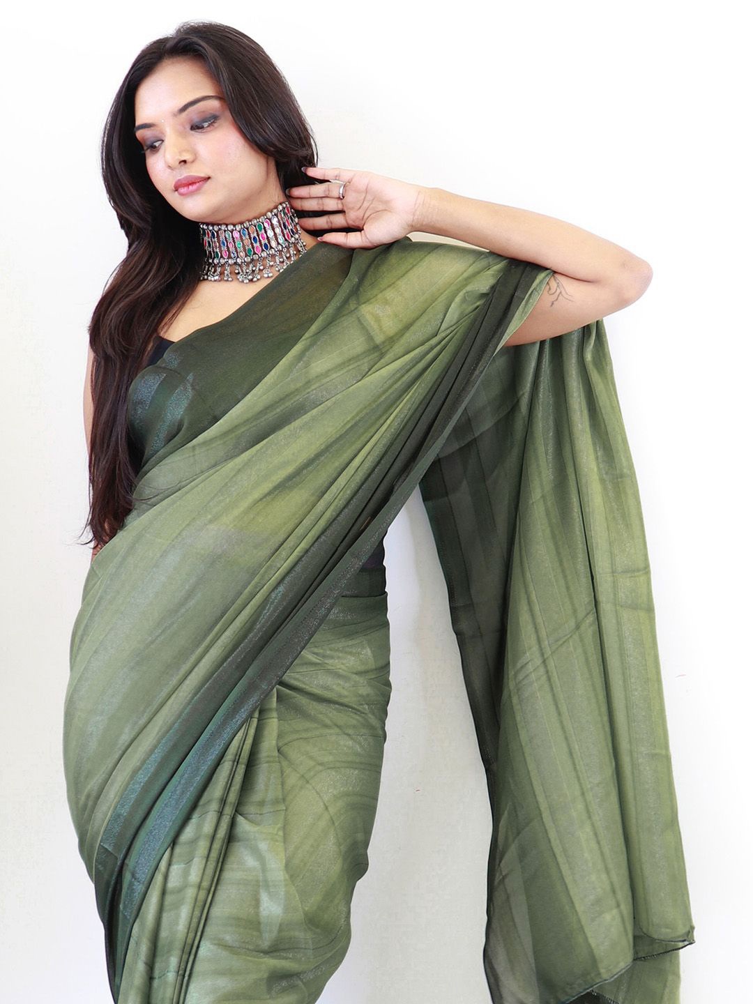 

KALINI Ready to wear Striped Poly Georgette Saree, Olive