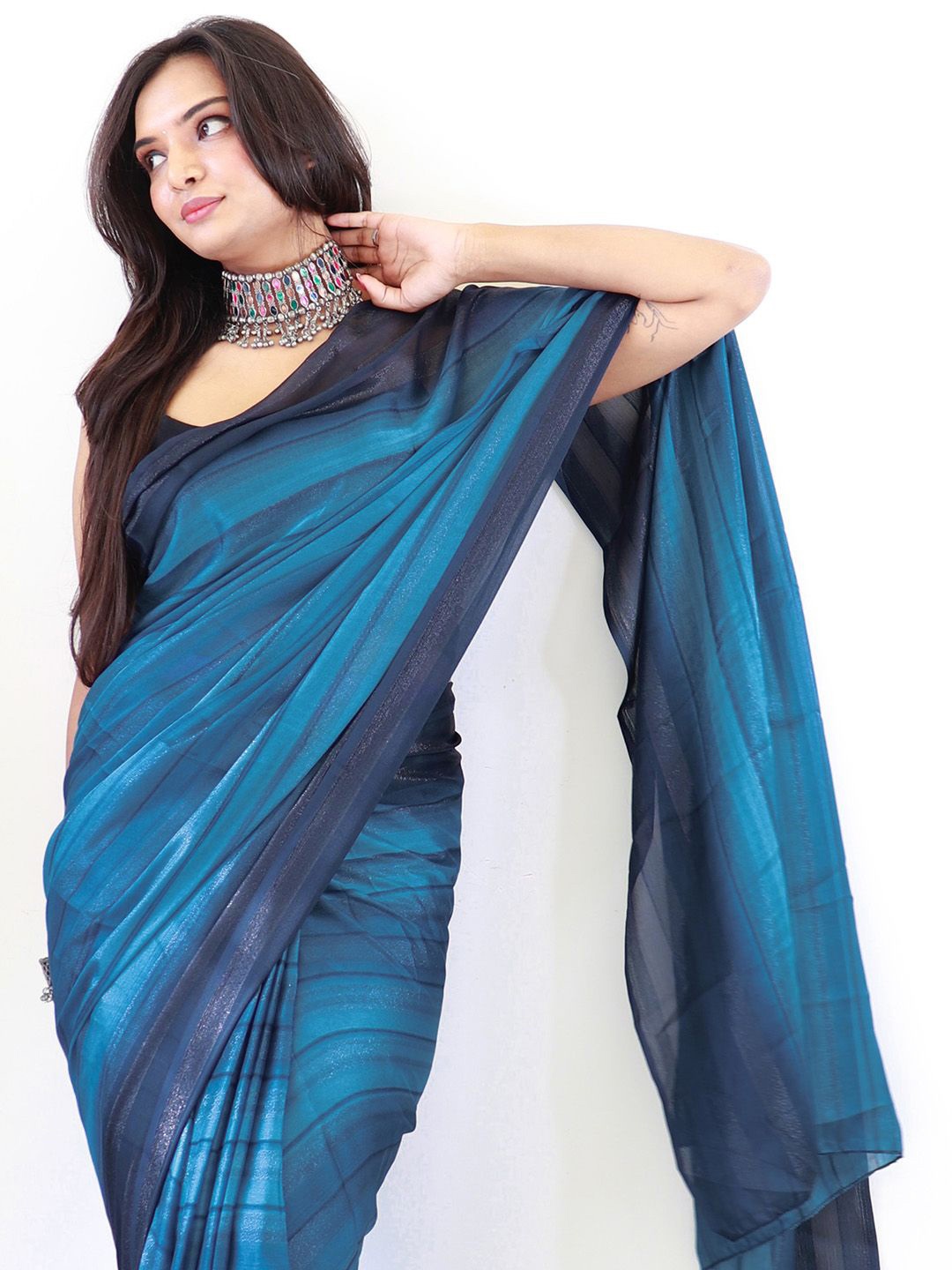 

KALINI Ready to Wear Striped Poly Georgette Saree, Blue