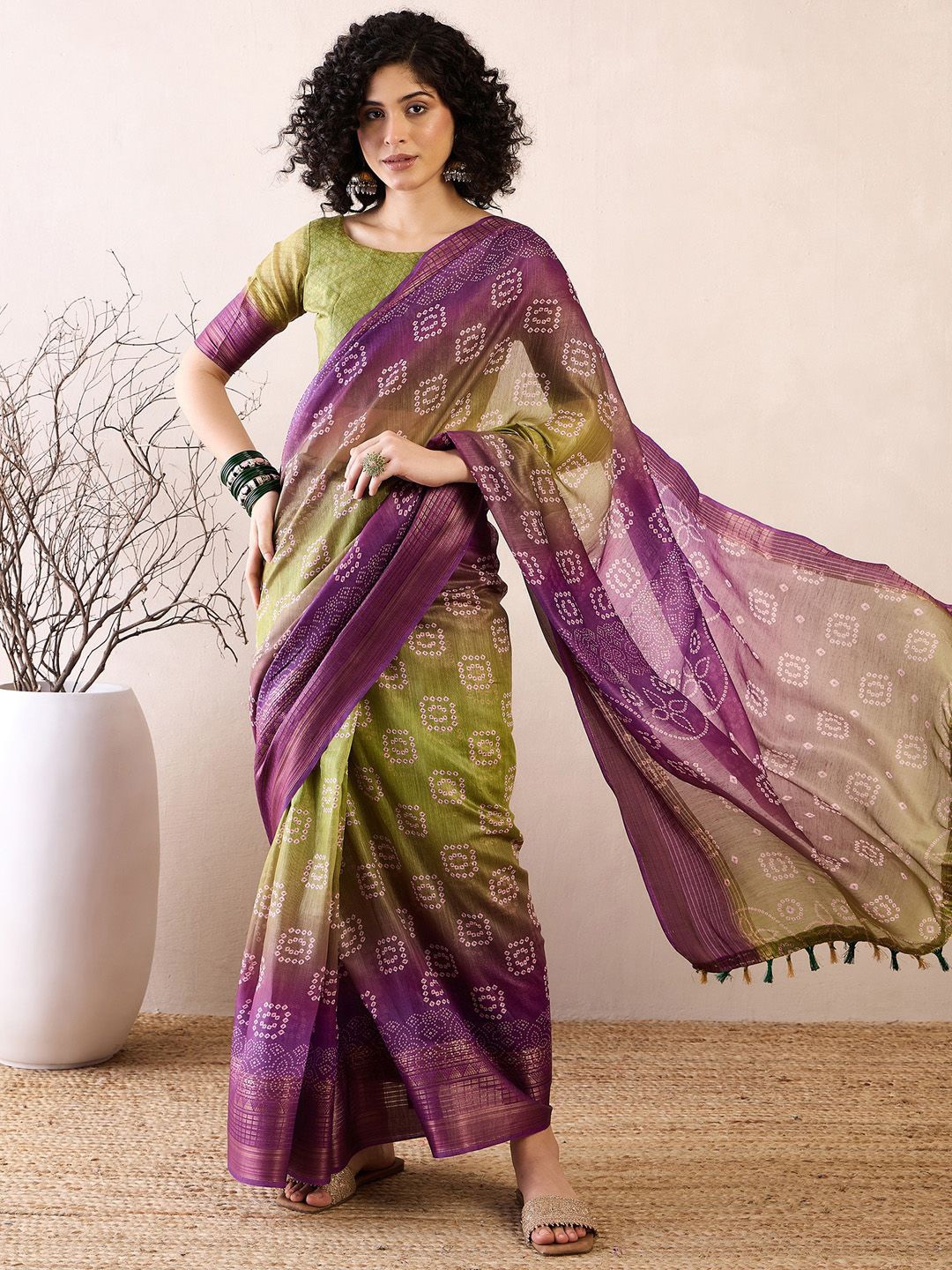 

Mitera Ready to Wear Bandhani Zari Poly Linen Saree, Purple