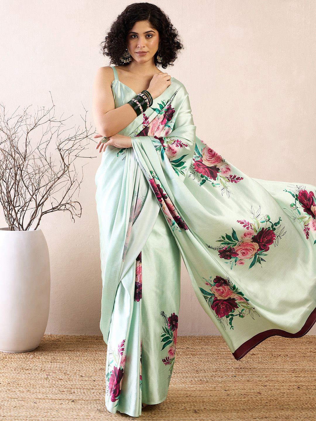 

Mitera Satin Ready to Wear Floral Saree with Blouse, Green