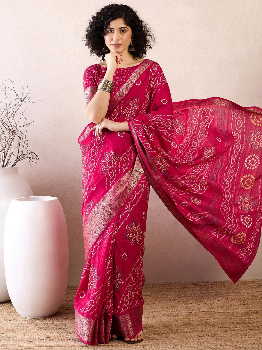 

Mitera Ready to wear Bandhani Printed Zari Muga Saree, Pink