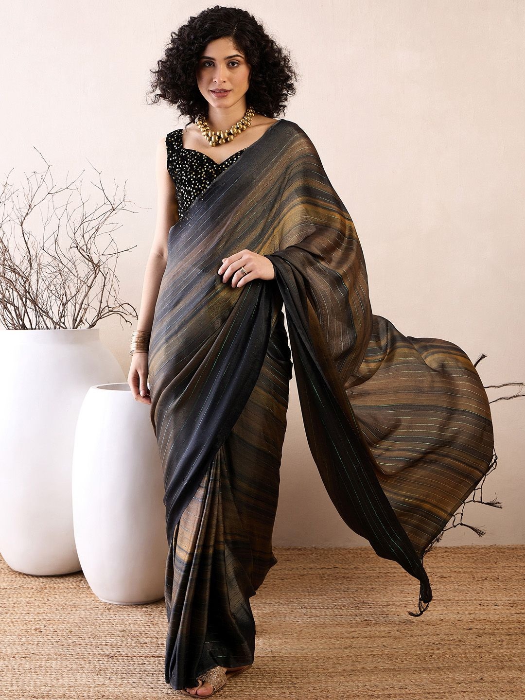 

Mitera Ready To Wear Striped Saree, Black