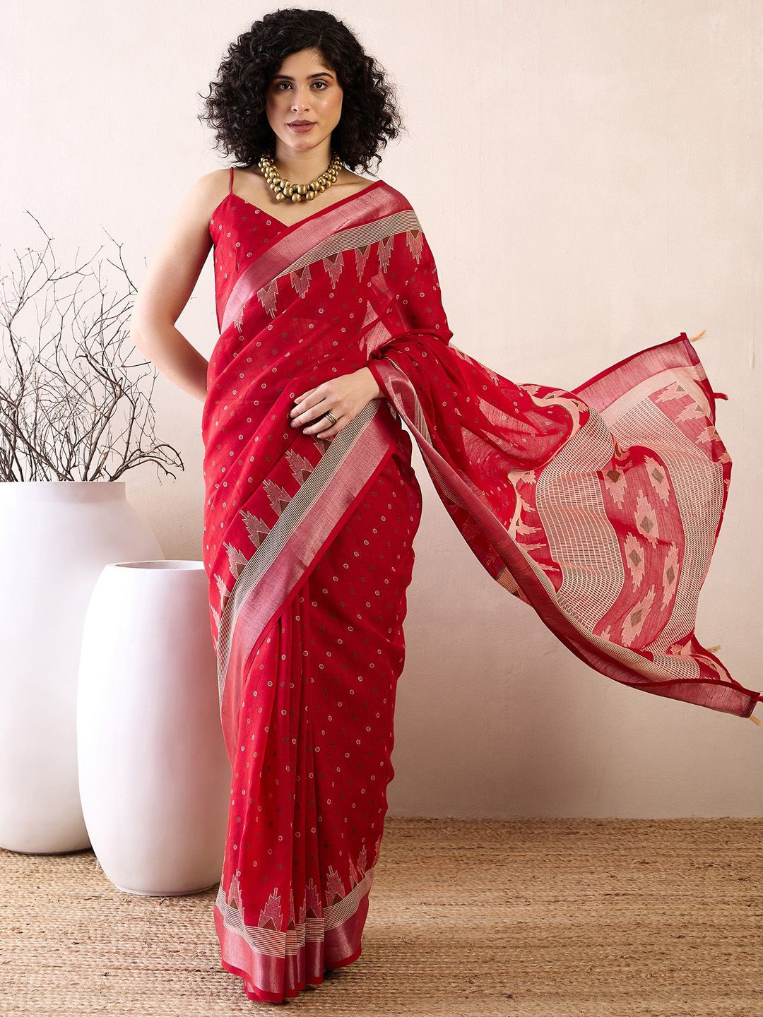 

Saree mall Ready to wear Ethnic Motifs Zari Linen Blend Bagru Sarees, Red