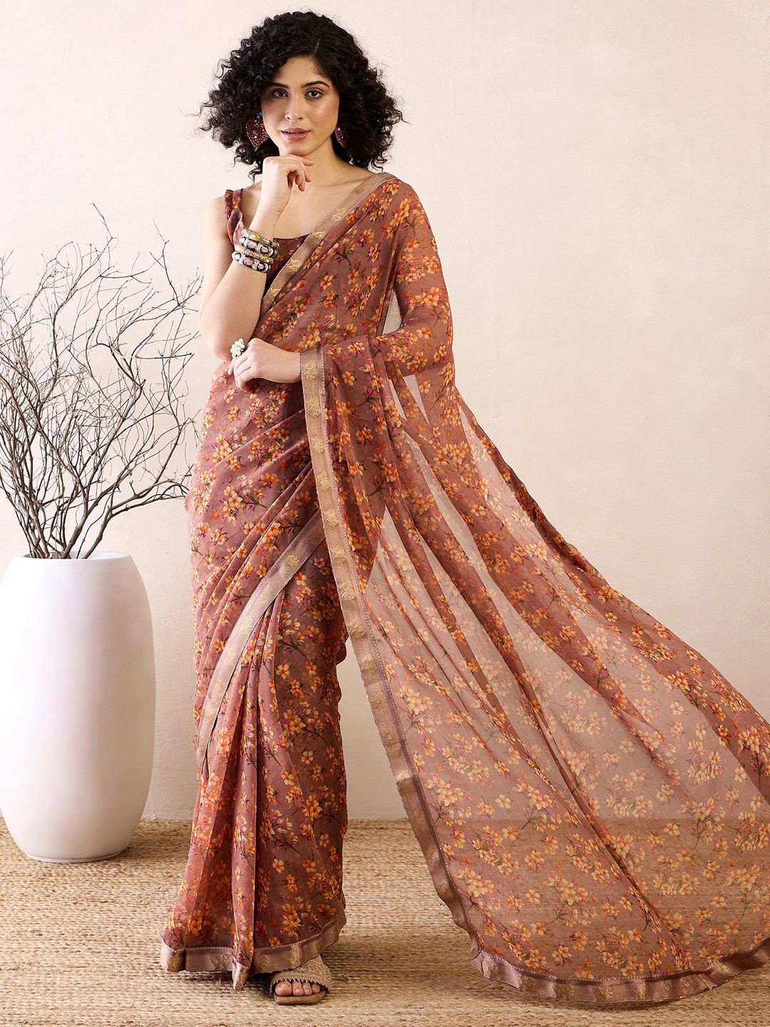

Saree mall Floral Printed Ready to Wear Saree, Brown
