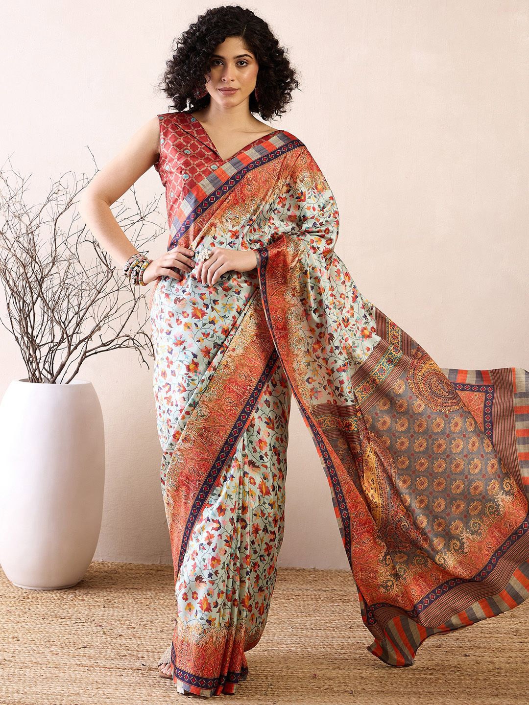 

Saree mall Ethnic Motifs Printed Pochampally Ready to Wear Sarees, Sea green