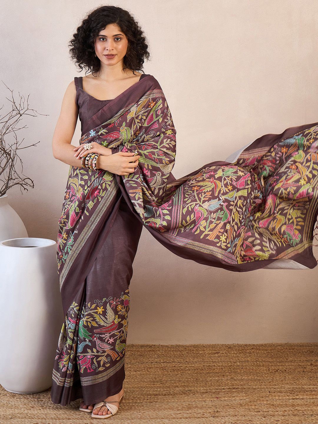 

Saree mall Ethnic Motifs Block Printed Ready to Wear Sarees, Brown