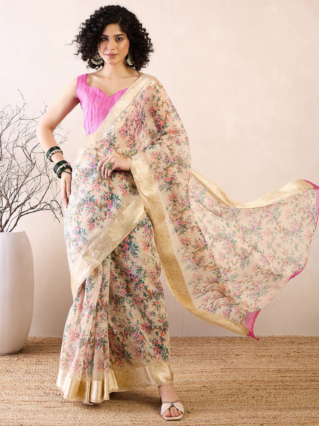 

Saree mall Floral Printed Ready to Wear Dabu Sarees, Cream