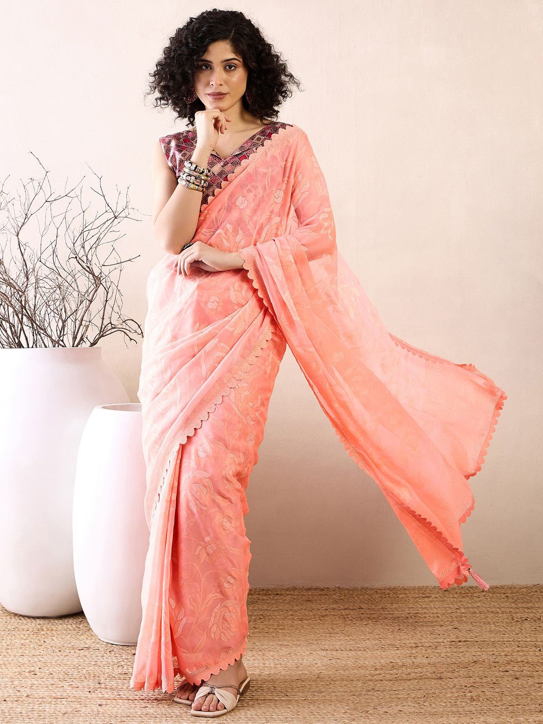 

Saree mall Ethnic Motifs Printed Beads and Stones Ready to Wear Bagru Sarees, Pink