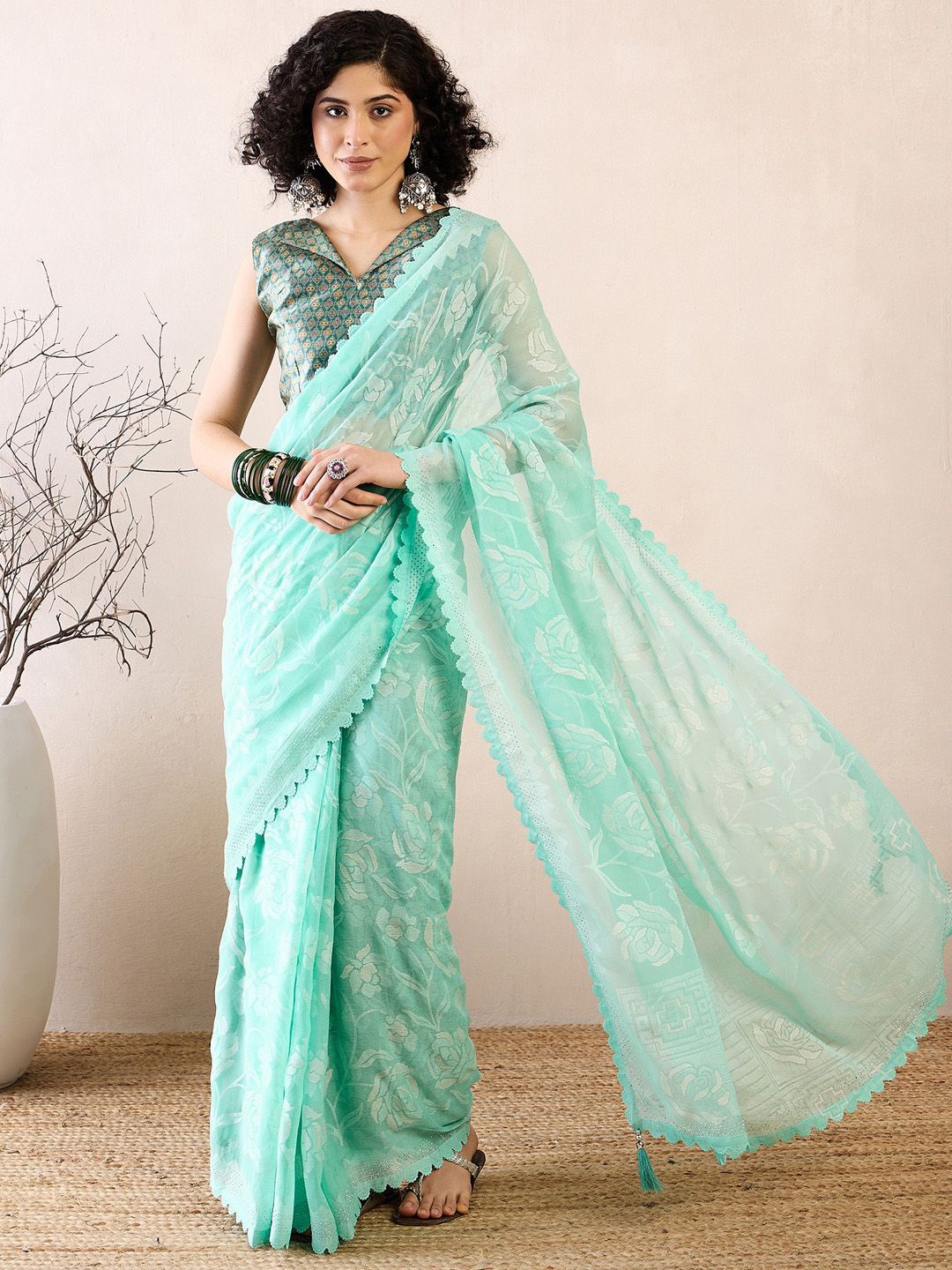 

Saree mall Woven Design Beads and Stones Ready to Wear Bagru Sarees, Sea green