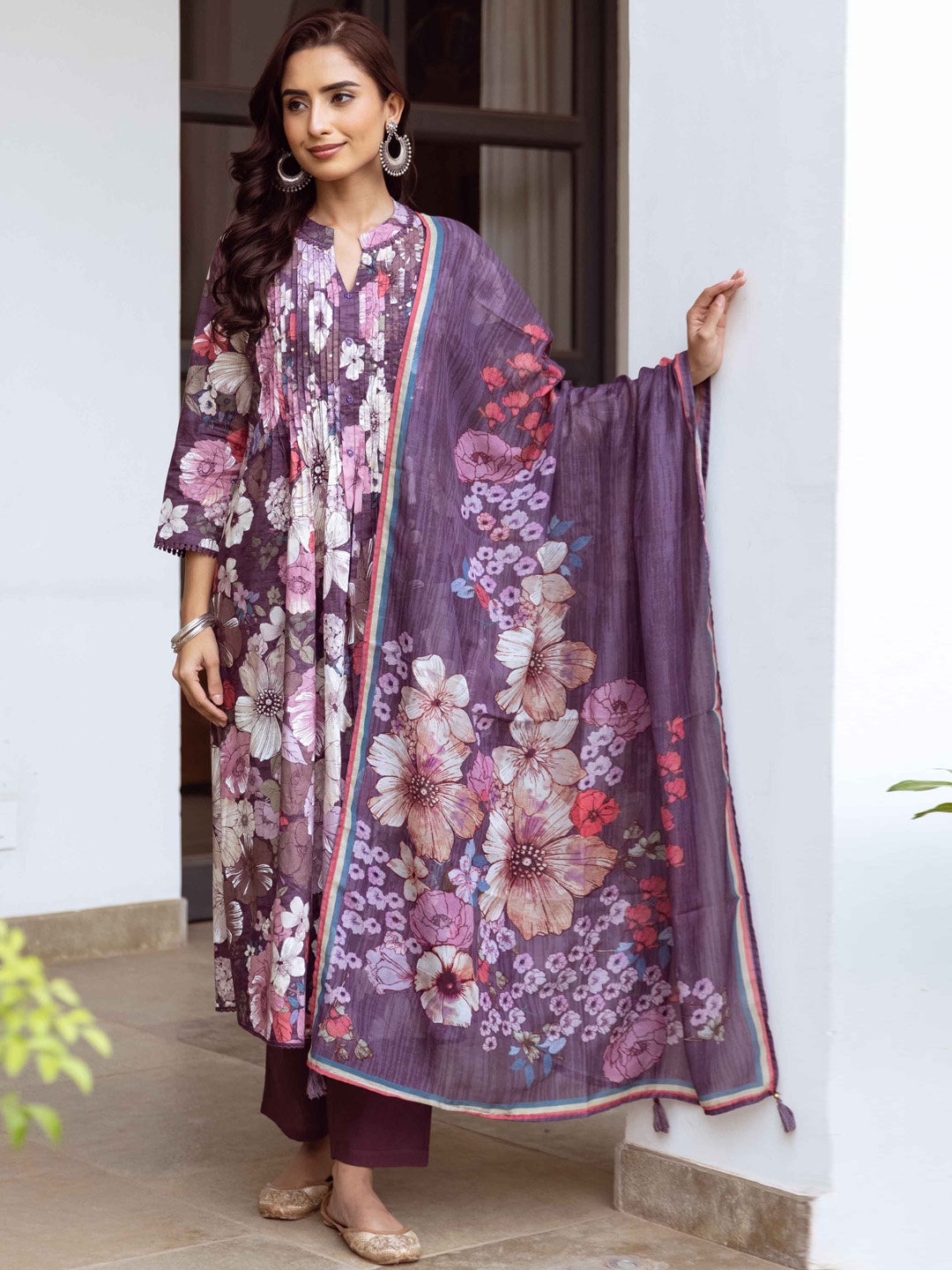 

KALINI Women Floral Printed Sequinned Pure Cotton Anarkali Kurta With Trousers & Dupatta, Purple