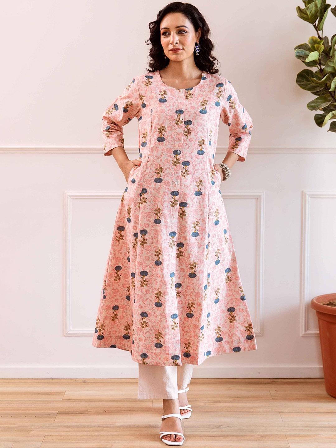 

KALINI Floral Printed A-Line Kurta with Trousers, Pink