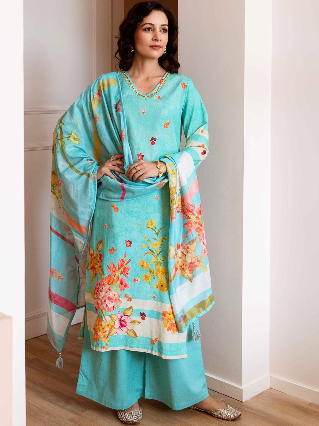 

KALINI Floral Printed Mirror Work V-Neck Linen Straight Kurta With Palazzos & Dupatta, Turquoise blue