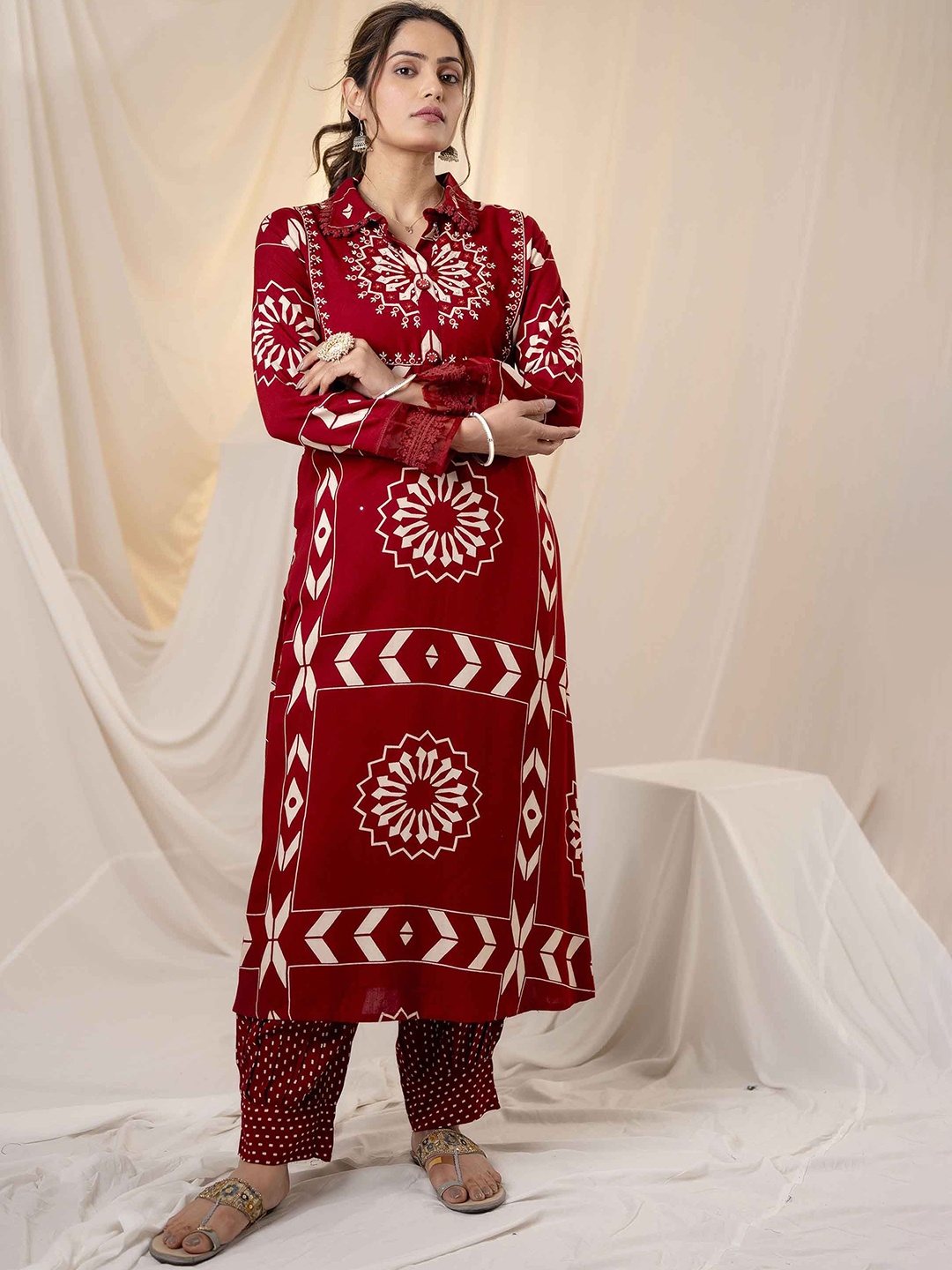 

KALINI Ethnic Motifs Printed Shirt Collar A-Line Kurta with Salwar, Maroon
