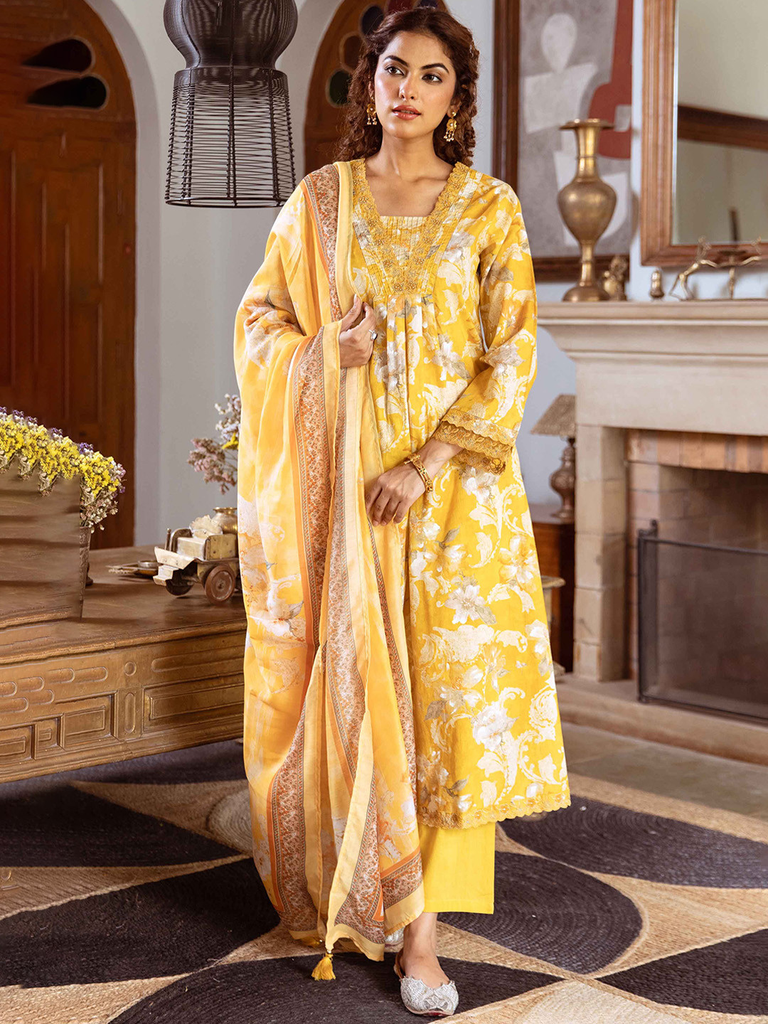 

KALINI Floral Printed Beads and Stones Pure Cotton A-Line Kurta With Trousers & Dupatta, Yellow