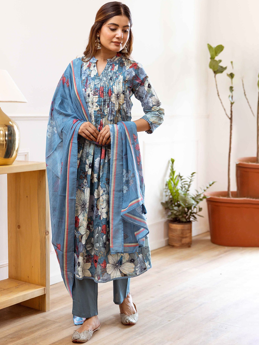 

KALINI Floral Printed Sequinned Pure Cotton Anarkali Kurta With Trousers & Dupatta, Blue