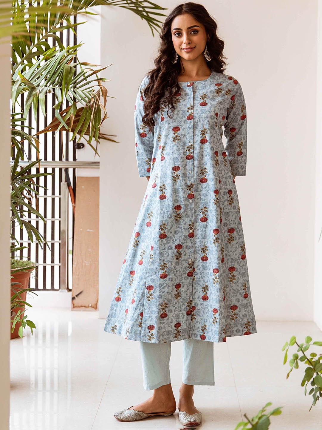 

KALINI Floral Printed A-Line Kurta with Trousers, Blue