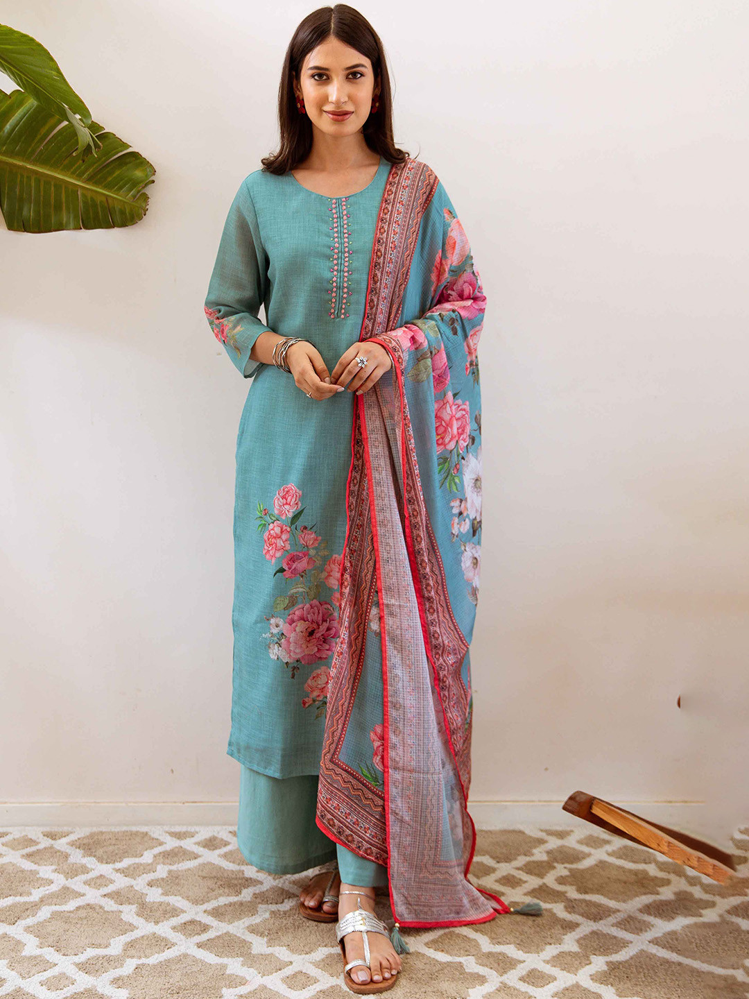 

KALINI Floral Printed Beads and Stones Linen Straight Kurta With Trousers & Dupatta, Green