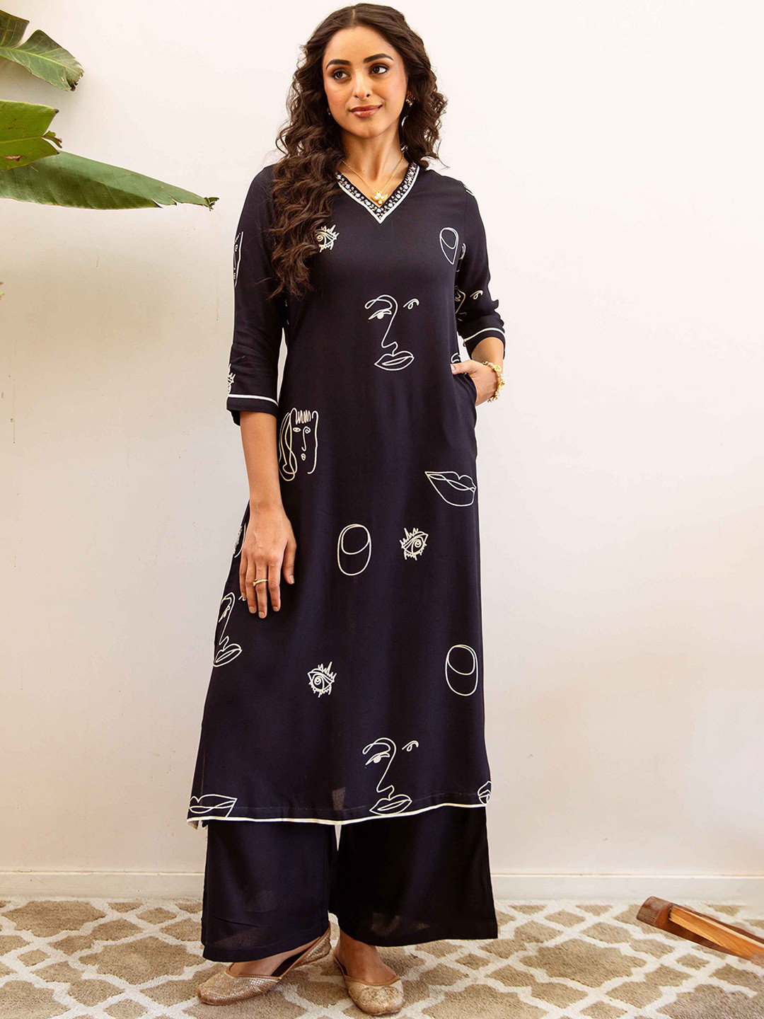 

KALINI Abstract Printed Beads and Stones V-Neck Straight Kurta With Palazzos, Navy blue