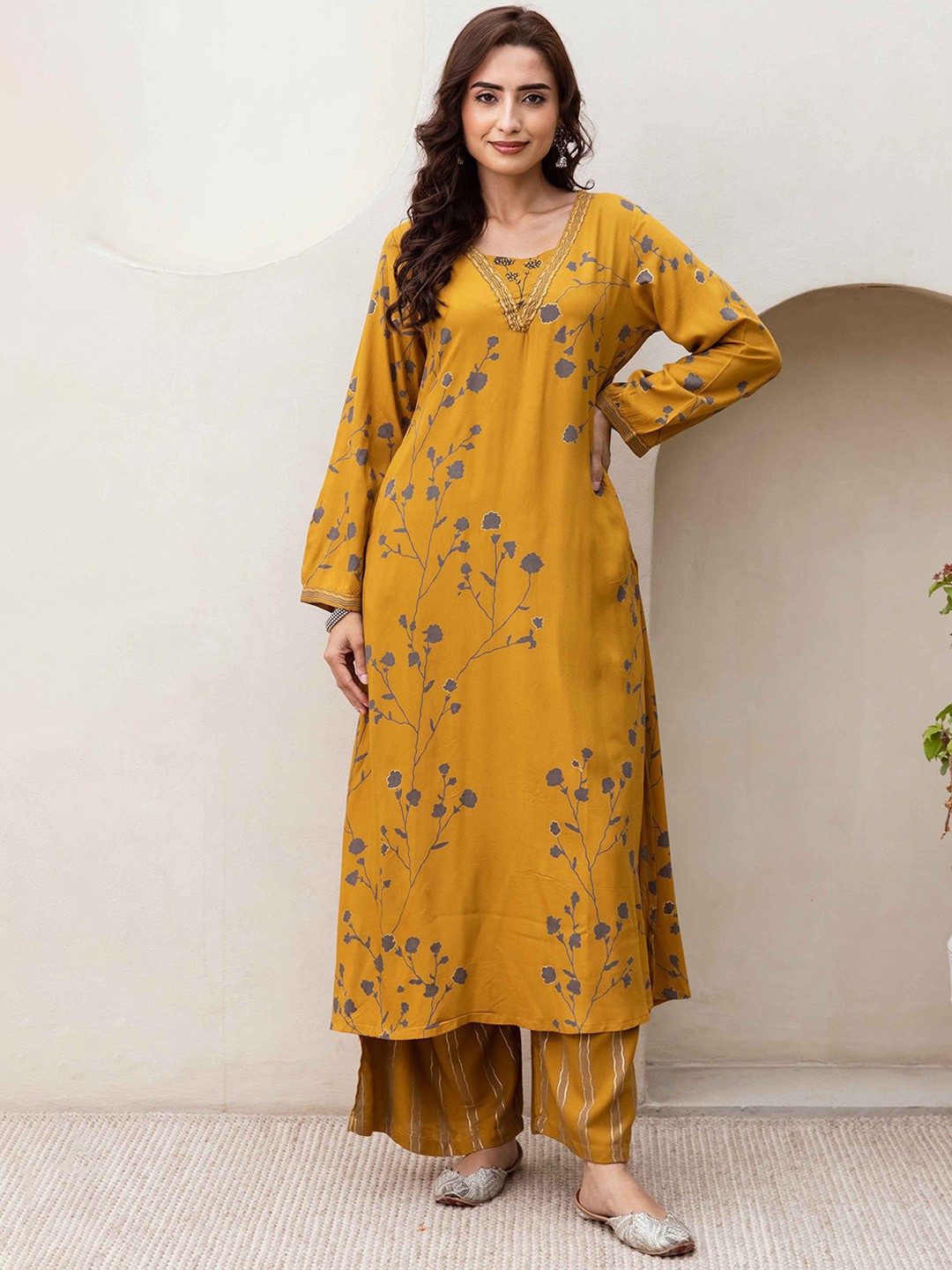 

KALINI Floral Printed Round Neck A-Line Kurta with Palazzos, Mustard
