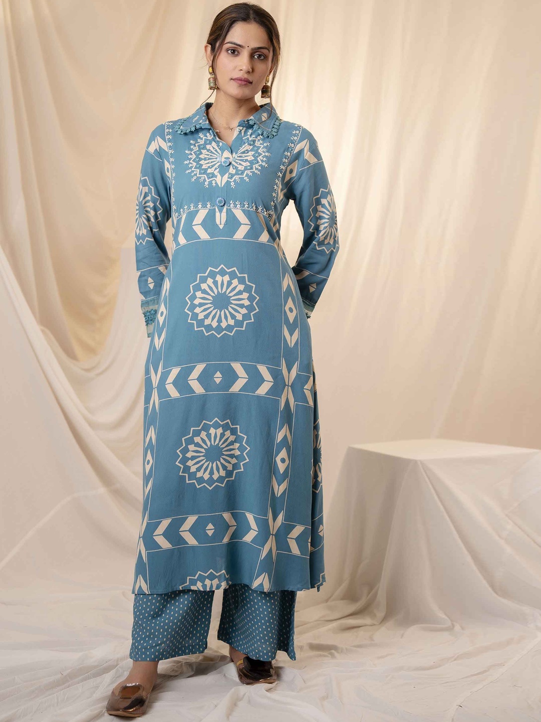 

KALINI Tribal Printed Straight Beads and Stones Kurta With Palazzos, Turquoise blue