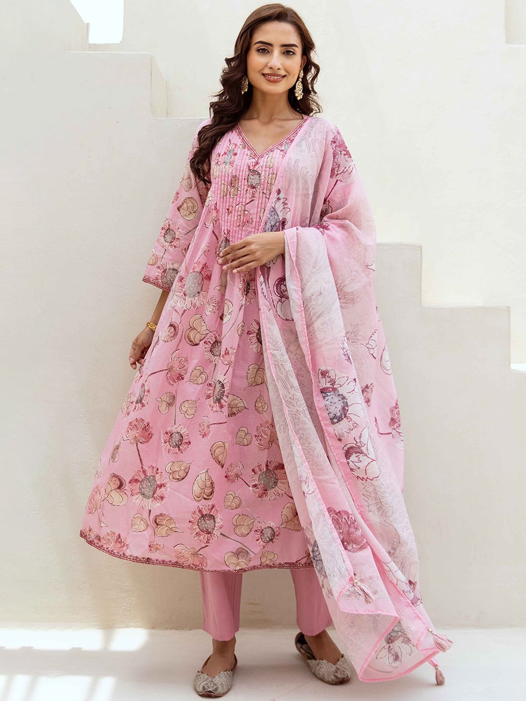 

KALINI Floral Printed A-Line Sequinned Pure Cotton Kurta with Trousers & Dupatta, Pink