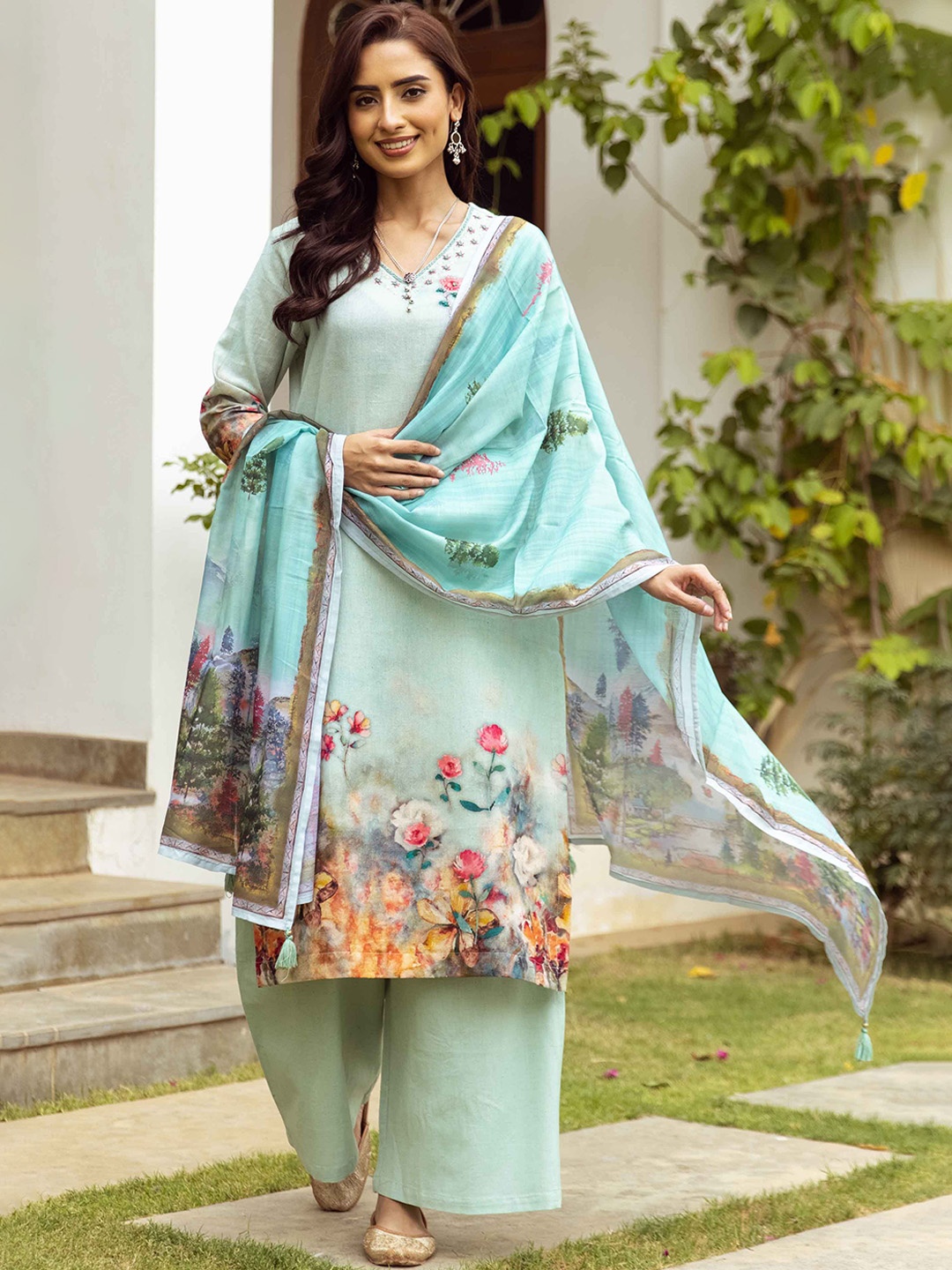 

KALINI Floral Printed Aari Work Linen Straight Kurta With Palazzos & Dupatta, Green