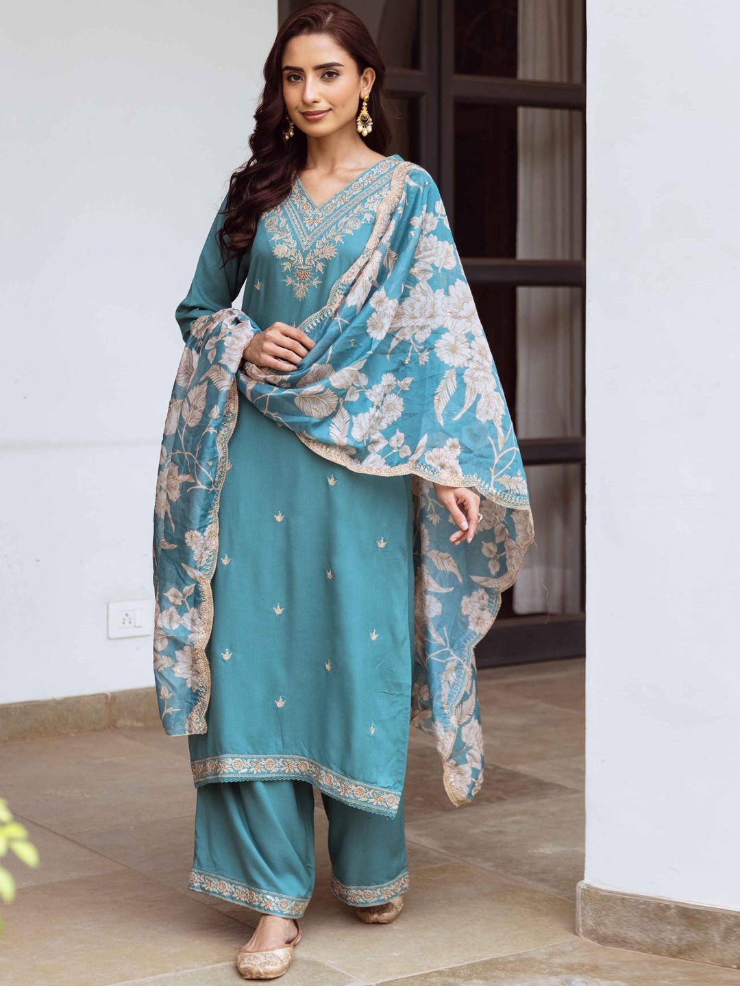 

KALINI Floral Embroidered Straight Kurta with Salwar & With Dupatta, Teal