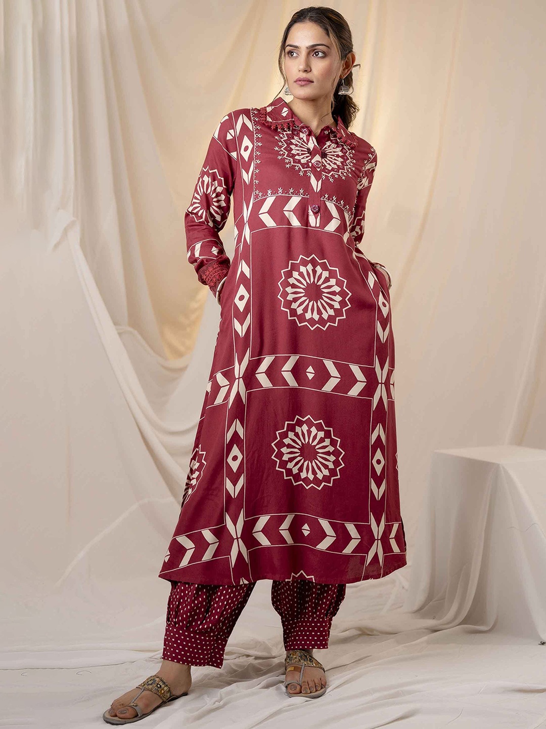 

KALINI Ethnic Motifs Printed Shirt Collar A-Line Kurta with Salwar, Pink