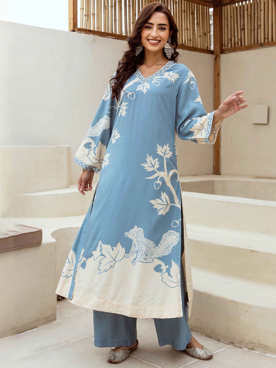 

KALINI Floral Printed V-Neck Sequinned Straight Kurta With Palazzos, Blue