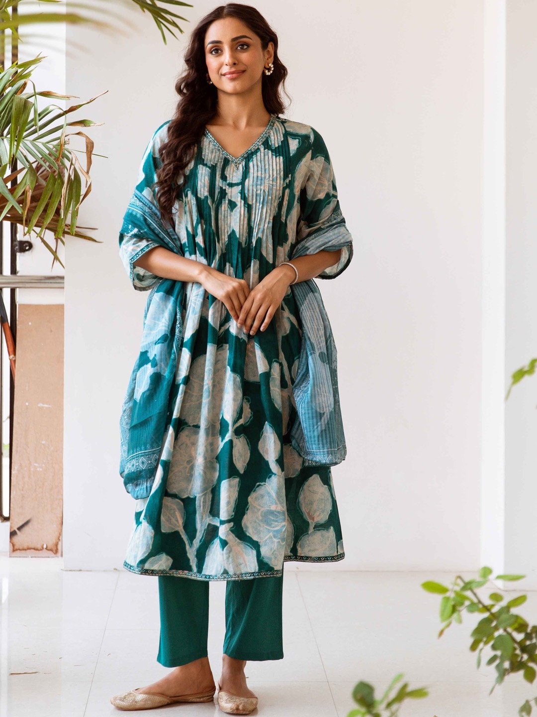 

KALINI Floral Printed Sequinned Pure Cotton A-Line Kurta With Trousers & Dupatta, Green