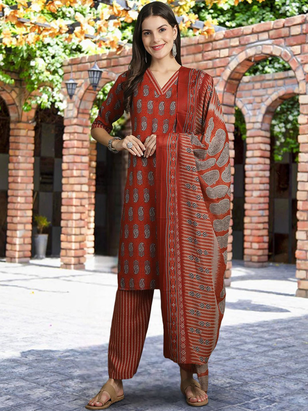 

7Threads Paisley Printed Straight Kurta with Trousers & With Dupatta, Red