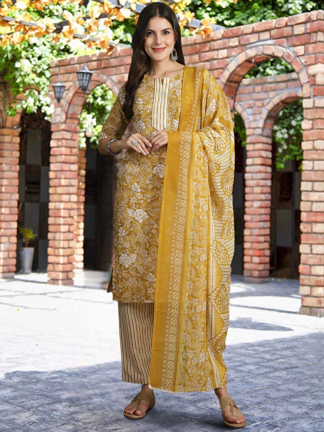 

7Threads Ethnic Motifs Printed Straight Kurta With Trousers & Dupatta, Mustard