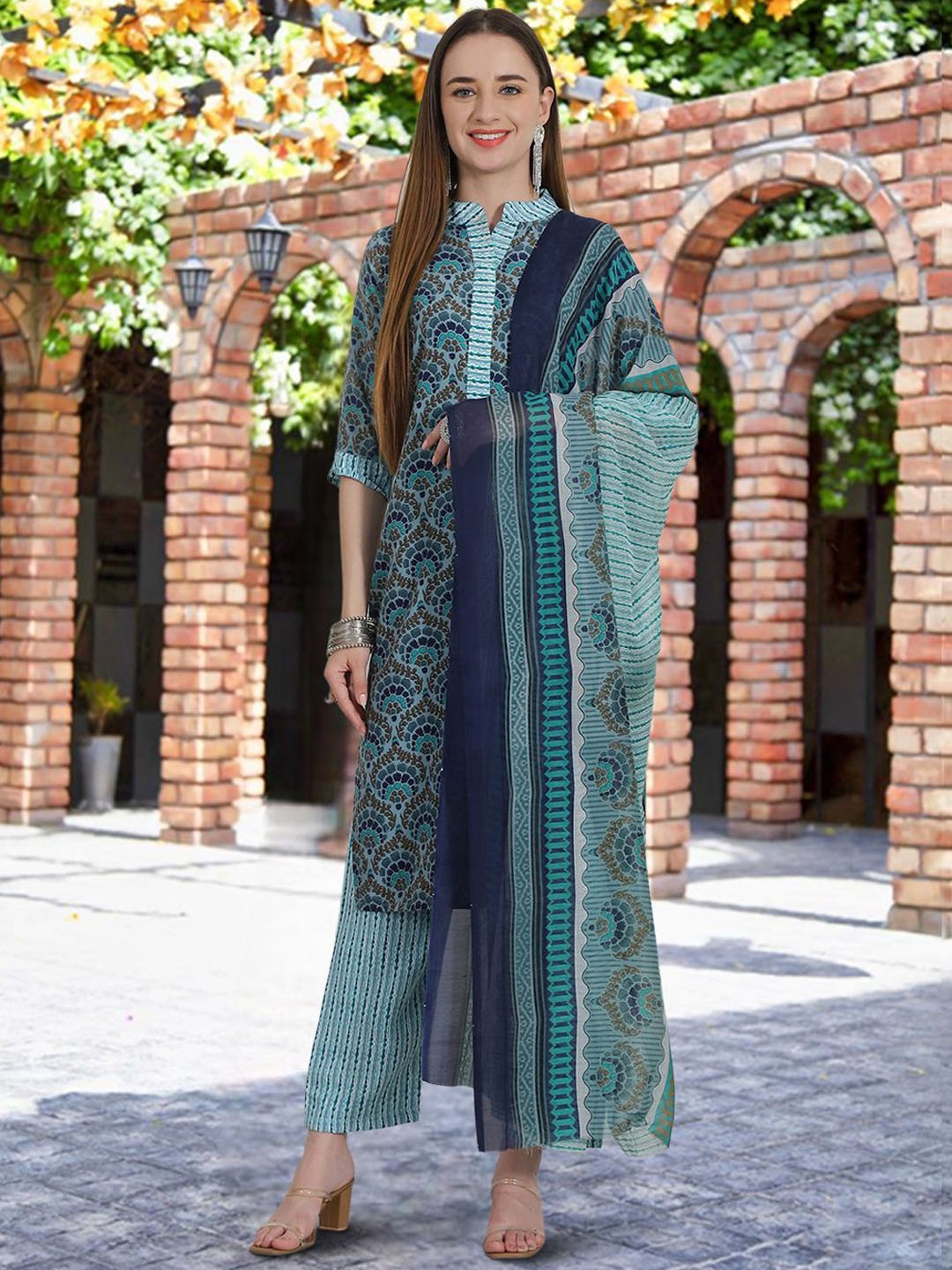 

7Threads Ethnic Motifs Printed Mandarin Collar Straight Kurta With Trousers & Dupatta, Teal