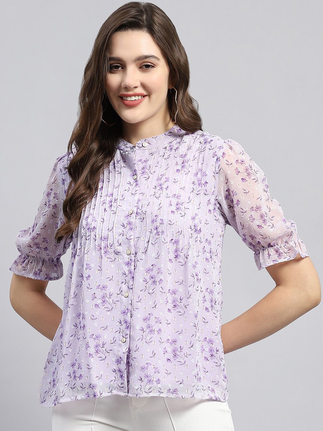 

Monte Carlo Floral Print Mandarin Collar Puff Sleeve Top, Purple