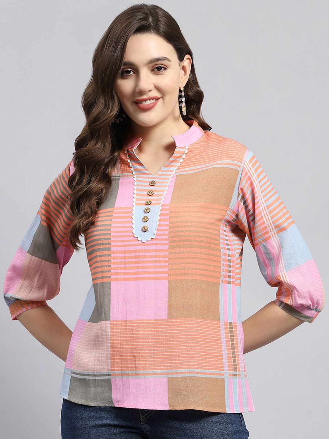 

Monte Carlo Checked Mandarin Collar Shirt Style Top, Orange