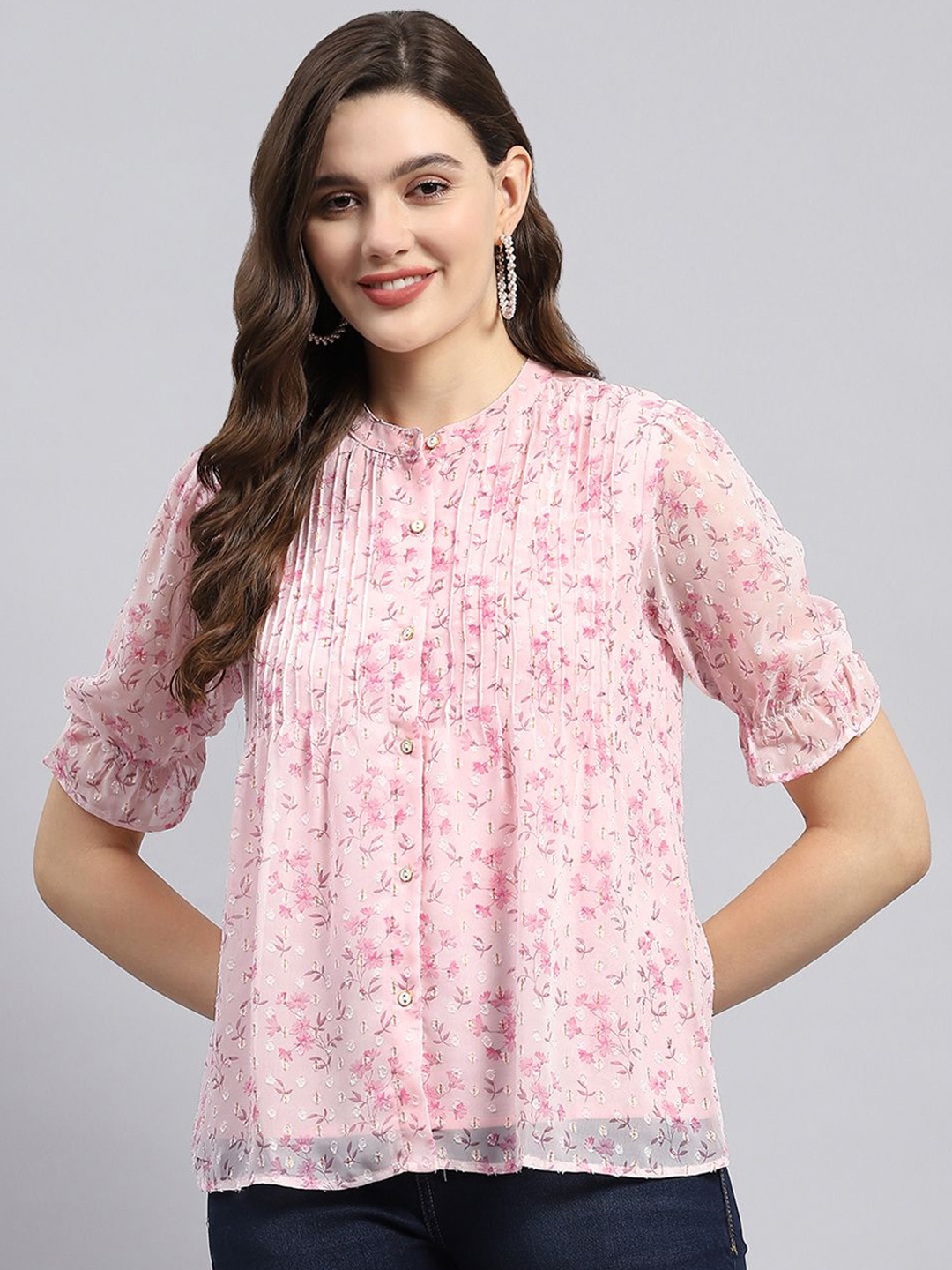 

Monte Carlo Floral Print Mandarin Collar Puff Sleeve Shirt Style Top, Pink