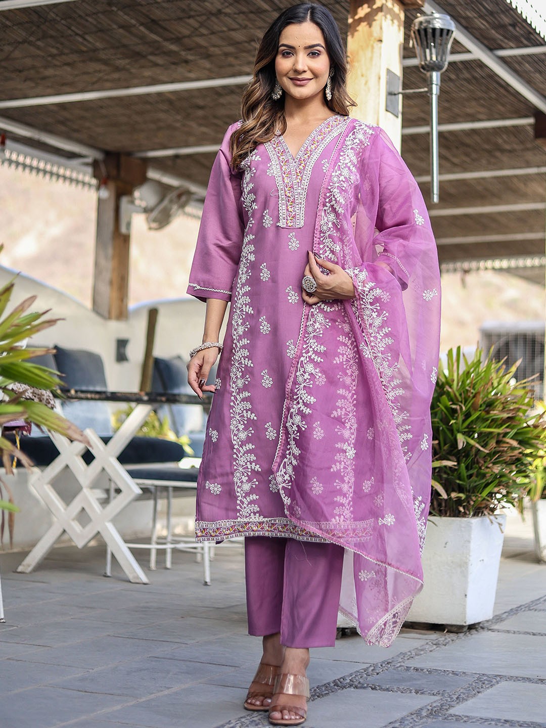 

KALINI Floral Embroidered Straight Kurta with Trousers & Dupatta, Lavender