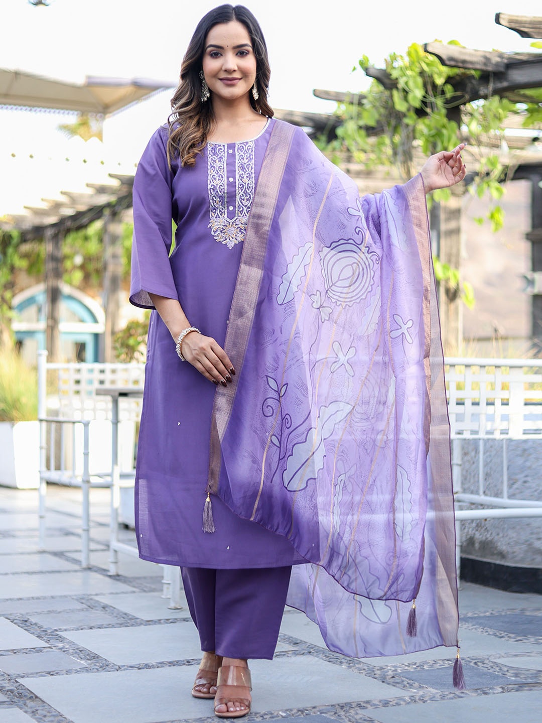 

KALINI Floral Embroidered Sequinned Straight Kurta With Palazzos & Dupatta, Purple