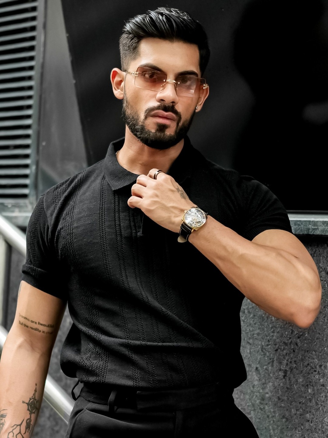 

Maniac Men Striped Polo Collar Pockets Slim Fit T-shirt, Black
