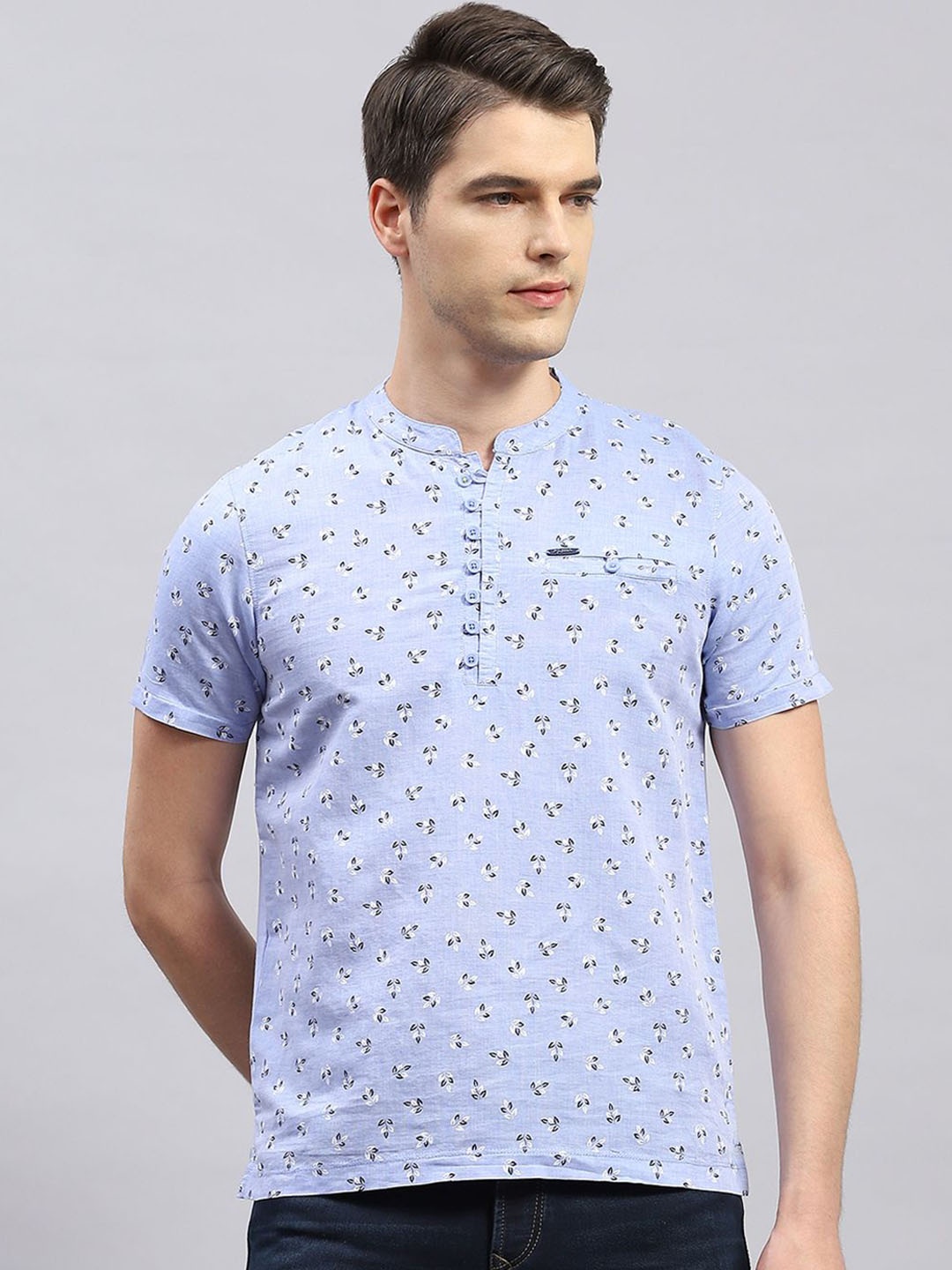 

Monte Carlo Floral Printed Band Collar Straight Kurta, Blue